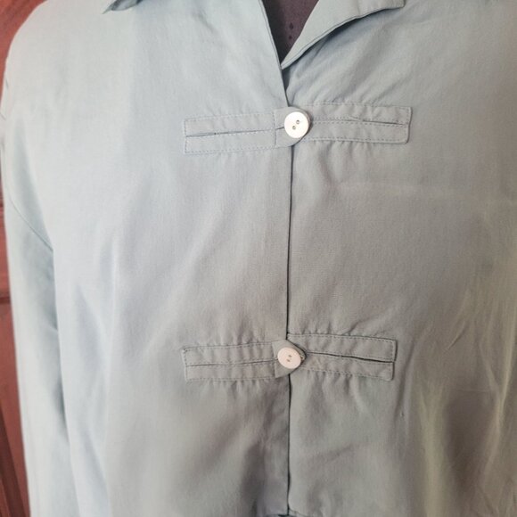 Vintage 100% Silk Richini Sage Green Long Sleeve Blouse Button-Up Shirt Size L - Picture 2 of 5